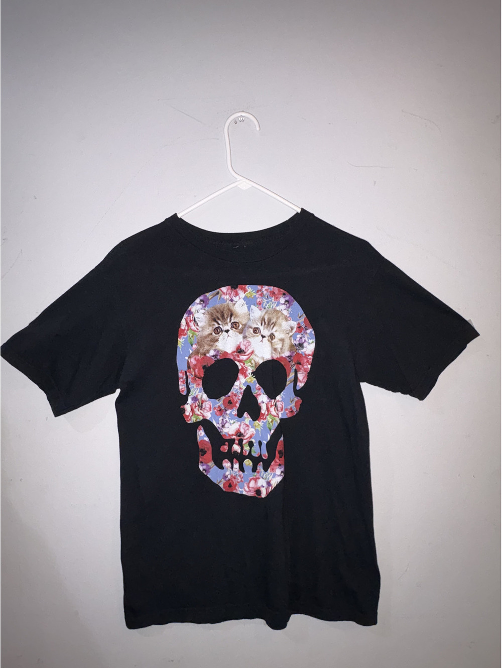 Black Matter Small Black T-Shirt with Floral Skull and Kittens Graphic